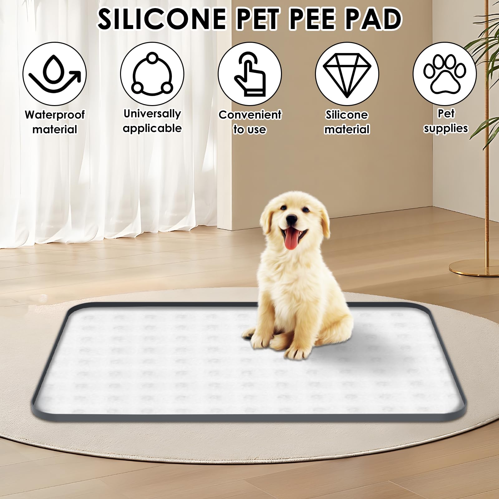 Tapis d'urine en silicone pour chiot, tapis étanche avec bord surélevé de 1,5 cm, plateau d'apprentissage de la propreté pour chiot de 92 x 64 cm, protecteur de sol antidérapant et lavable pour chiens