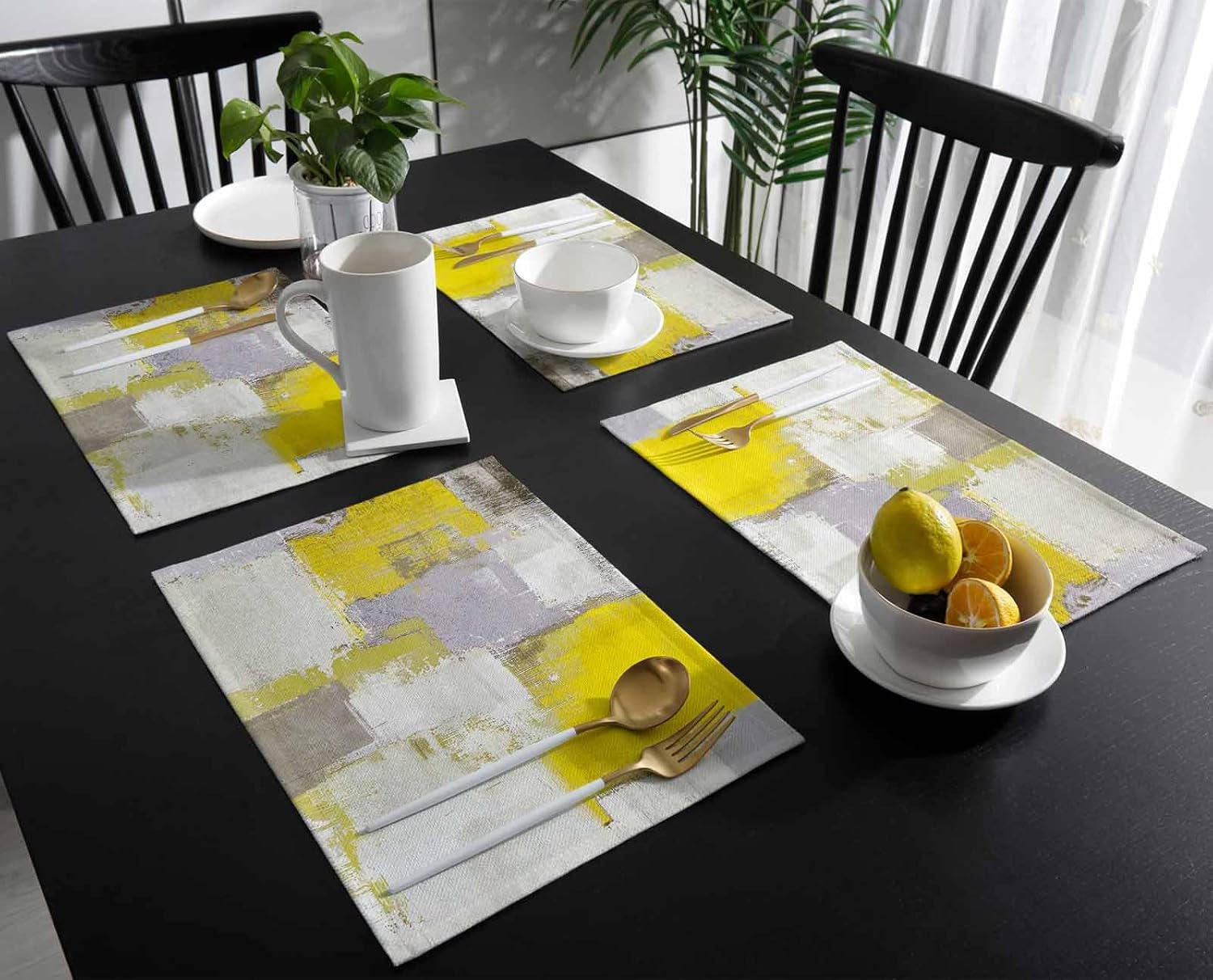 Abstract Place Mats 6 Pieces, Heat Insulation Stain Proof Placemats for Dining Table Durable Cotton Linen Kitchen Table Mat Placemat, Geometric Yellow Gray Graffiti