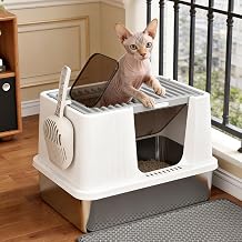 Oneluck Stainless Steel Cat Litter Box with Enclosed Lid, Front Entry & Top Exit, Odor Control Anti-Leakage Kitty Litter Pan for Small Medium Cats, Easy Clean Assemble White