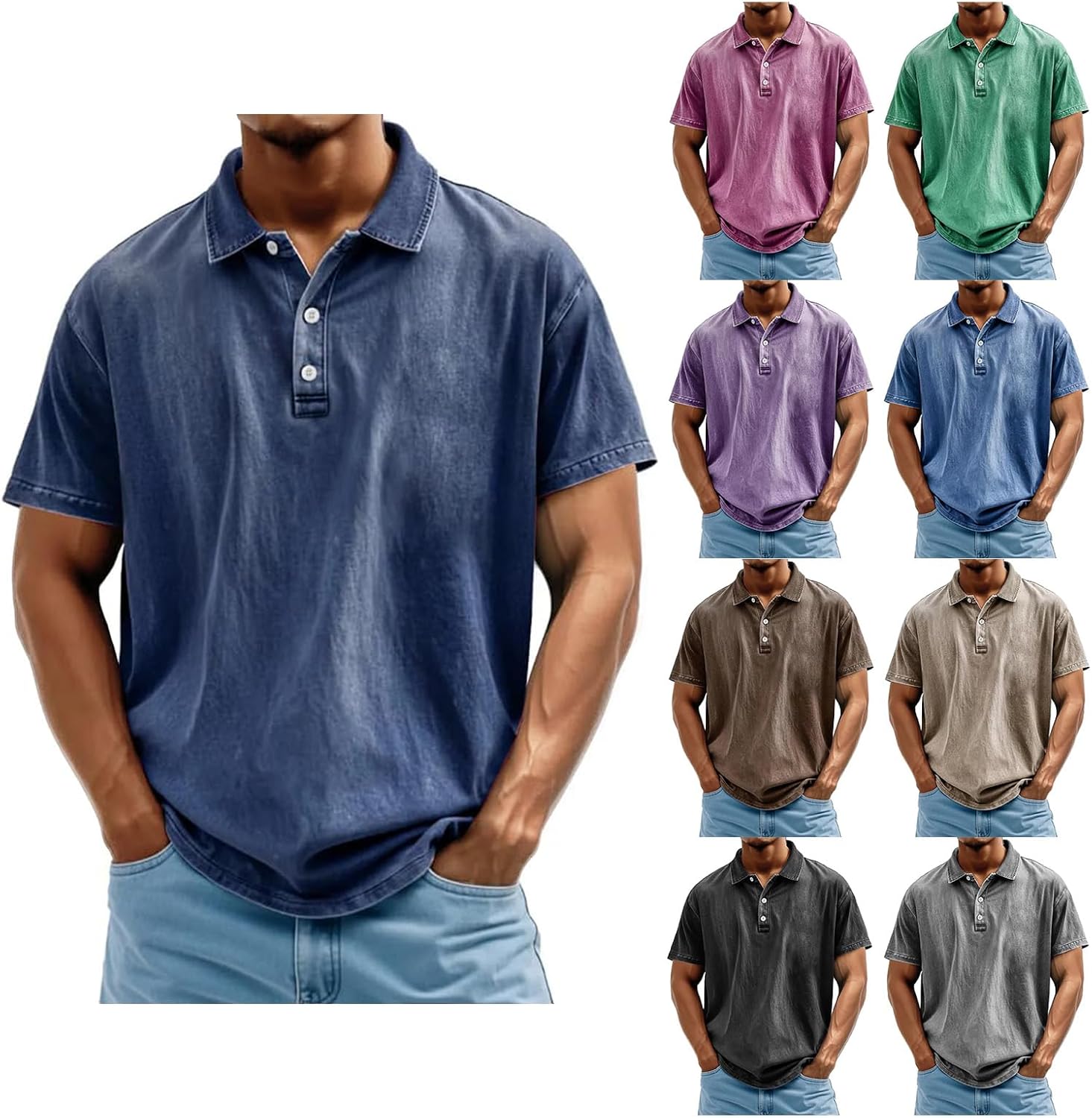Polo Shirts for Men Classic Short Sleeve Retro Distressed Golf Tops Summer Casual Lapel Button Vintage Washed Shirt