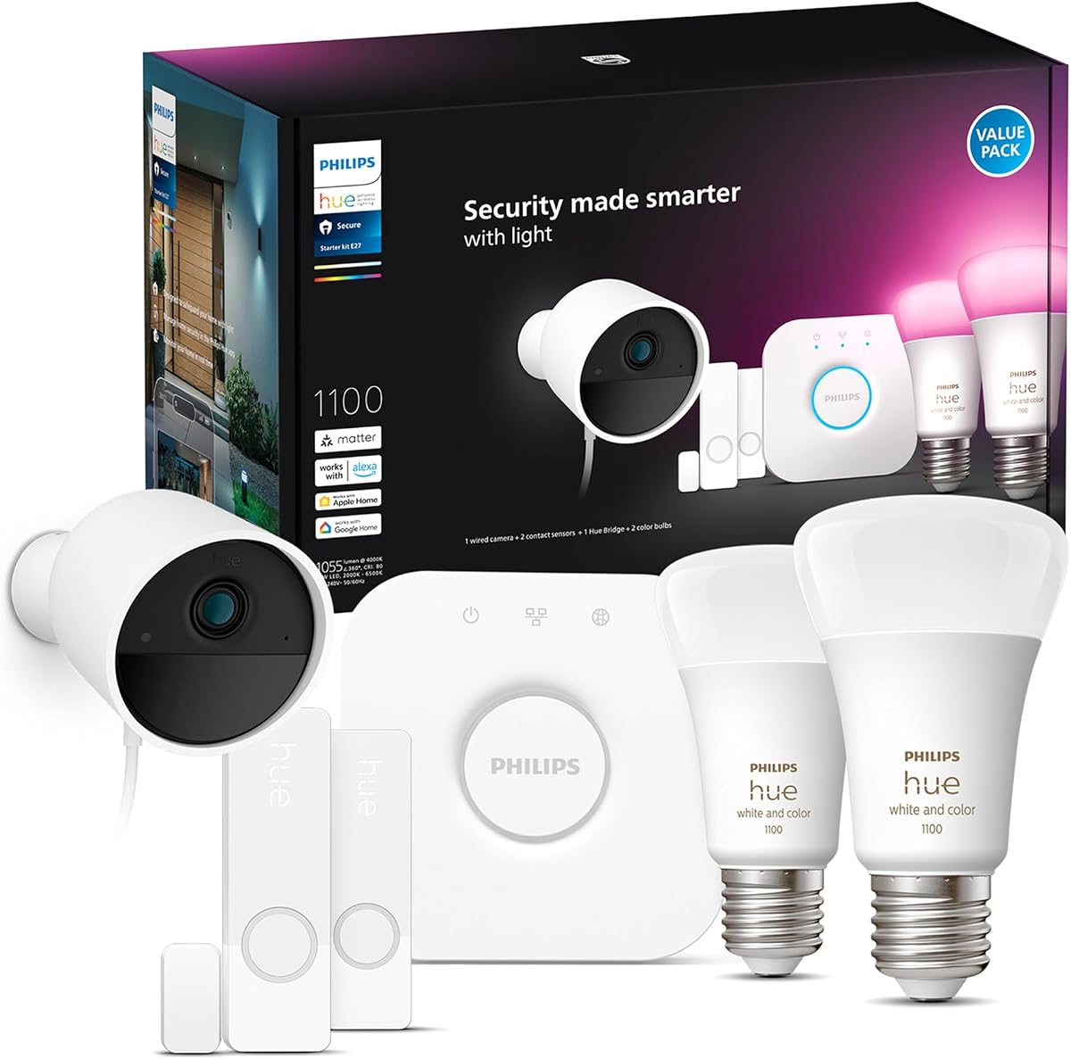 Philips Hue Secure Starter Kit con puente, cámara de seguridad con cable, (2) sensores de contacto seguro, (2) bombillas A19 de 75 W, ambiente blanco y de color, funciona con la aplicación Security Center en Hue