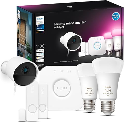 Kit de inicio seguro Philips Hue con puente, cámara de seguridad con cable, (2) sensor de contacto seguro, (2) bombilla A19 de 75W, ambiente blanco
