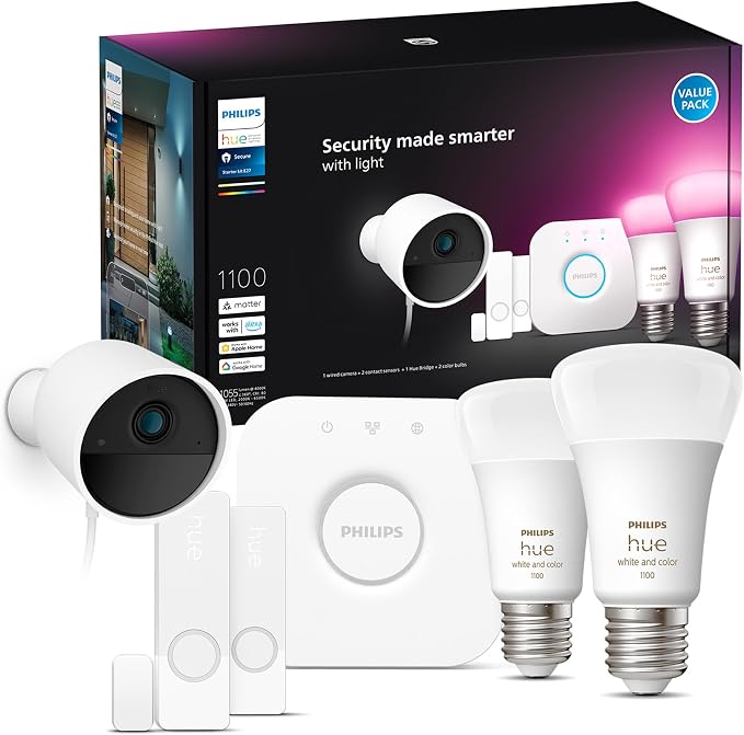 Philips Hue Secure Starter Kit with Bridge, Wired Security Camera, (2) Secure Contact Sensor, (2) 75W A19 Bulb, White & Color Ambiance, Works with Security Center in Hue App