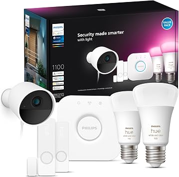 Philips Hue Secure Starter Kit with Bridge, Wired Security Camera, 2 Secure Contact Sensor, 2 75W A19 Bulb, White & Color Ambiance, Works with Security Center in Hue App