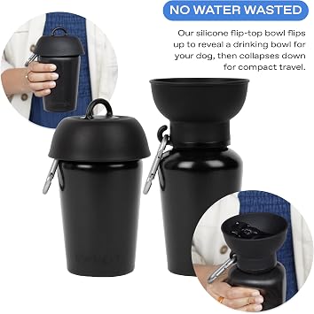 Springland 20oz Flip Portable Dog Water Bottle with Collapsible Bowl, Black | Leak-proof, BPA-free, food-grade silicone foldable water bowl, easy squeeze, fits cup holders, for travel, hiking, camping