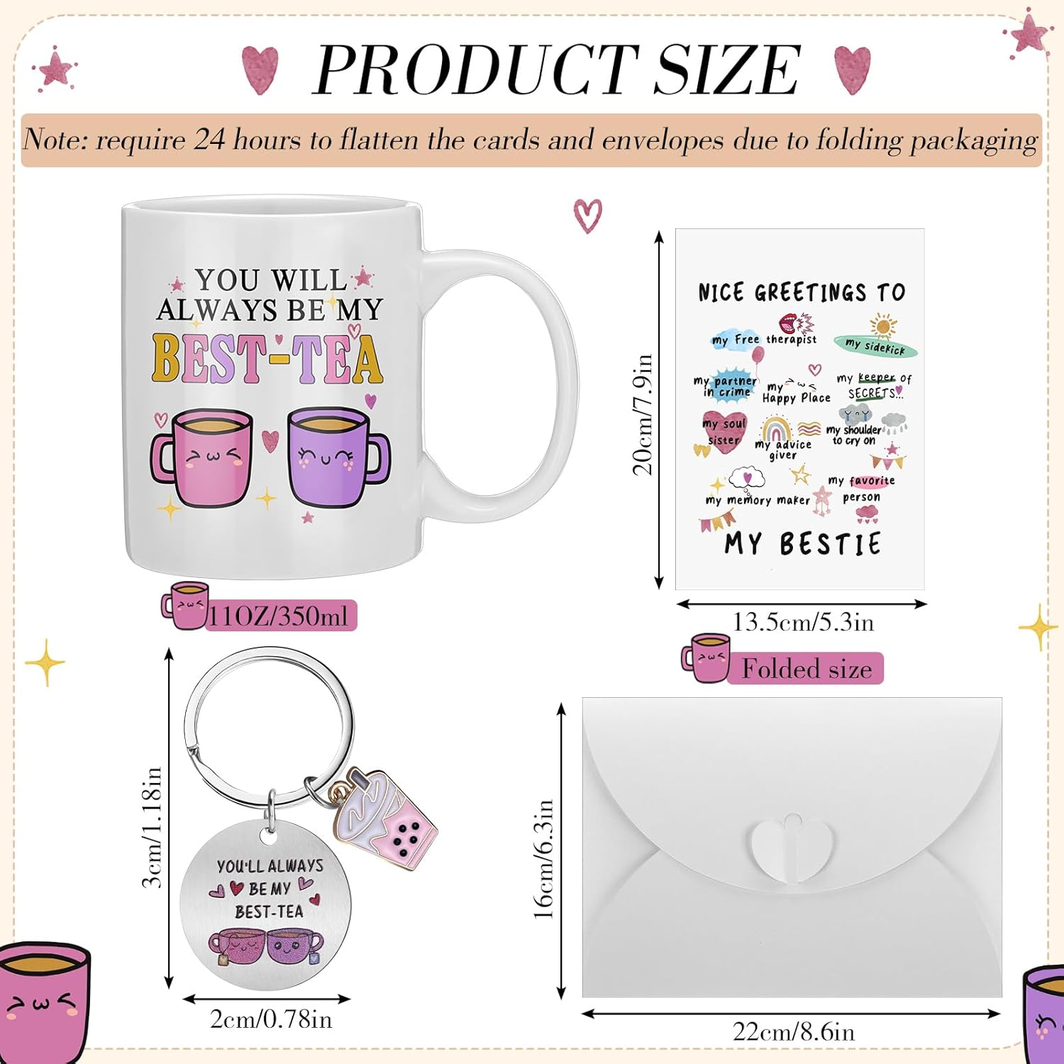 Nuogo 4 Pcs Bestie Gifts Sets for Woman Best Tea Coffee Mug Friend Keychain with Greeting Cards and Envelopes You Will Always Be My Best Tea Friendship Gifts for Female Birthday - Image 2