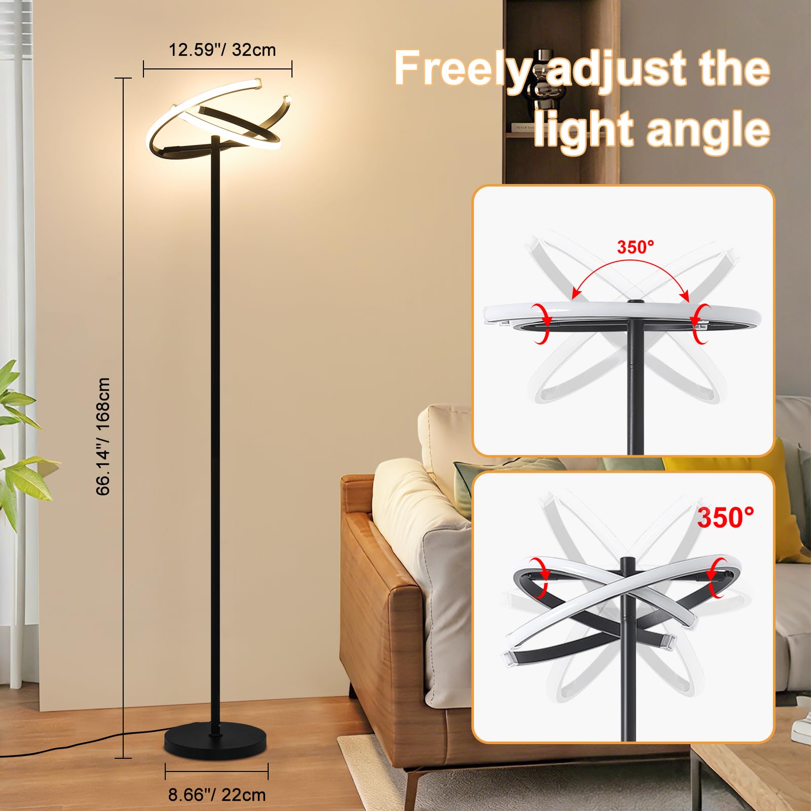 Lampadaire Moderne avec Gradation continue 3000K-6500K Lampe sur Pied avec Télécommande et Interrupteur au Pied 168cm Lampadaire sur Pied Salon 3 Couleurs Design Réglable à 180°