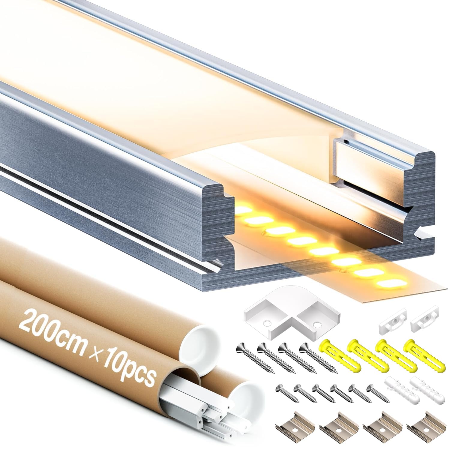 Aluminiowy profil do taśm LED, matowe ekranowanie, 2 m x 5 szt. 10 m, pasuje do taśm świetlnych różnych producentów, 17,4 mm x 7 mm, maksymalna szerokość taśmy LED 12,4 mm SP26