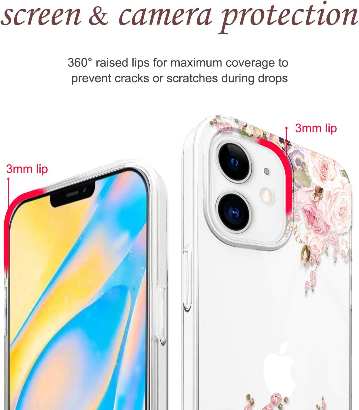 JAHOLAN Clear Case Compatible with iPhone 12, Compatible with iPhone 12 Pro, Cute Design Flexible TPU Bumper Hard Back Cover Phone Case 6.1 inch 2020 Girl Floral Flower Rose