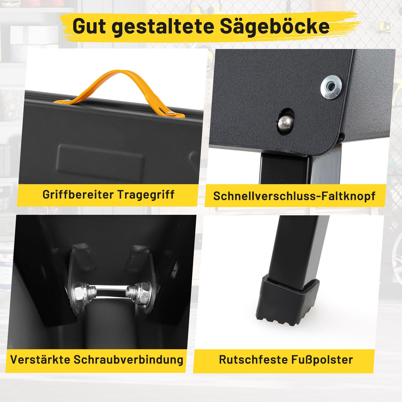 COSTWAY Arbeitsbock 2er Set, bis 500KG belastbar, Böcke klappbar, Sägebock mit 2 x 4 Stützarmen, tragbare klappböcke mit Griff, Gerüstbock für Holzbearbeitung, 94 x 47 x 74 cm