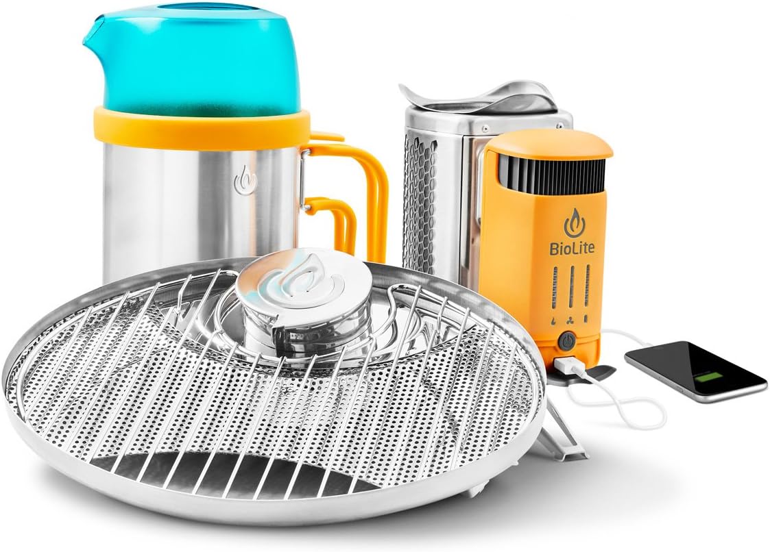 BioLite CampStove 2 Bundle- Includes Wood-Burning Small Lightweight CampStove 2, USB FlexLight, 2600 mAh Powerbank, Portable Grill and KettlePot Attachments, Silver/Yellow/Aqua (CSX2001)