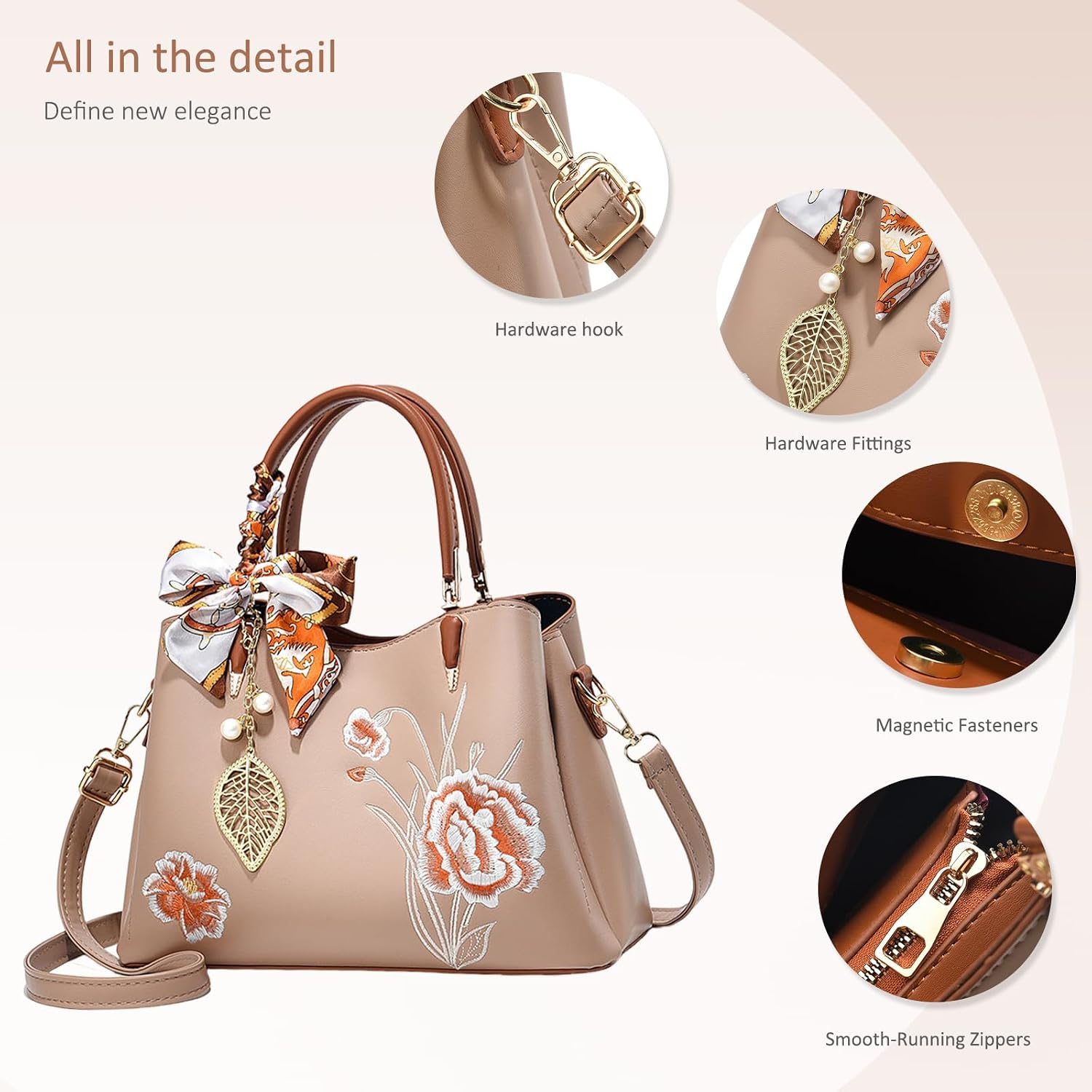 NICOLE & DORIS Top Handle Bag for Women Embroidered Handbags Multi Pocket Shoulder Bags PU Leather Crossbody Bag