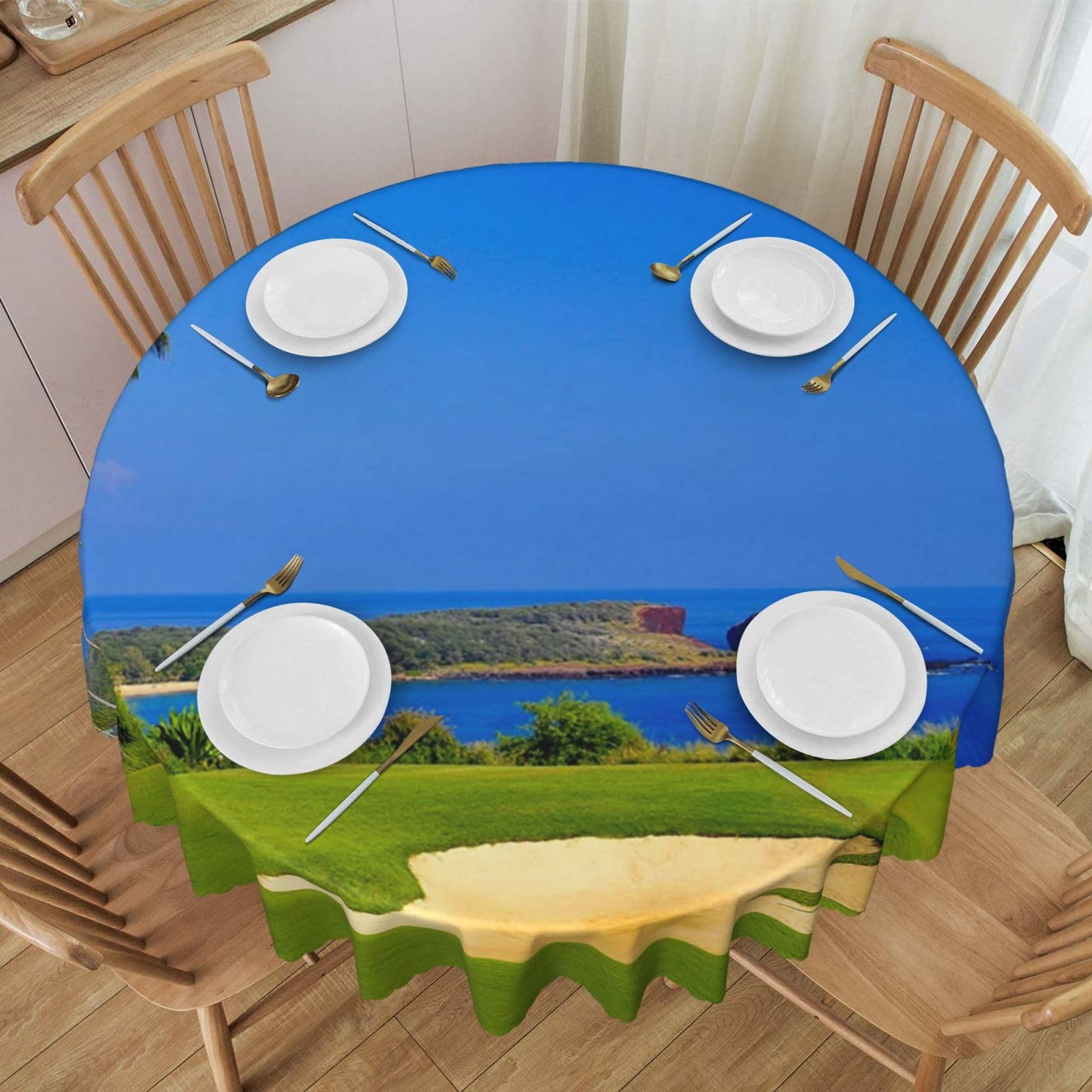 DCEHGEW 60 In Round Tablecloth with Lace, golf course by the sea Printed Oilproof & Washable Fabric Picnic Table Cloth Table Covers