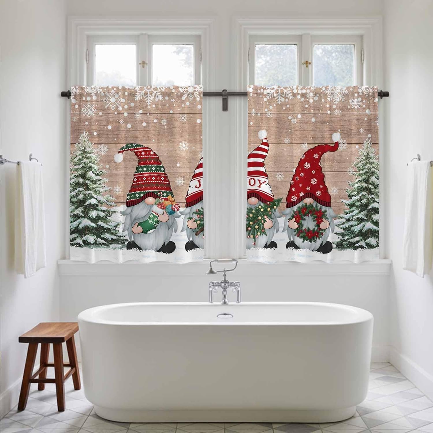 Christmas Gnomes Kitchen Tier Curtains 45 Inch Long 2 Panel Set,Rod Pocket Short Window Treatment,Xmas Trees Snowflake Brown Wooden Curtains & Drapes for Bathroom Basement 27.5"W x 45"L