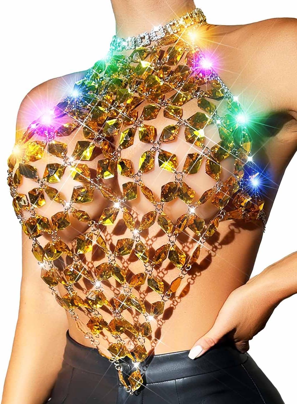 BODIY Light Up Crystal Bra Chain top LED Rhinestones chest chain Sparkly Body Jewelry for Women