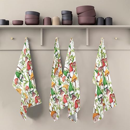 Miniatura 5 de Kigai Juego de 4 toallas de cocina con gnomos de hongos, ultra suaves y absorbentes, toallas de mano para baño, paños de limpieza reutilizables,