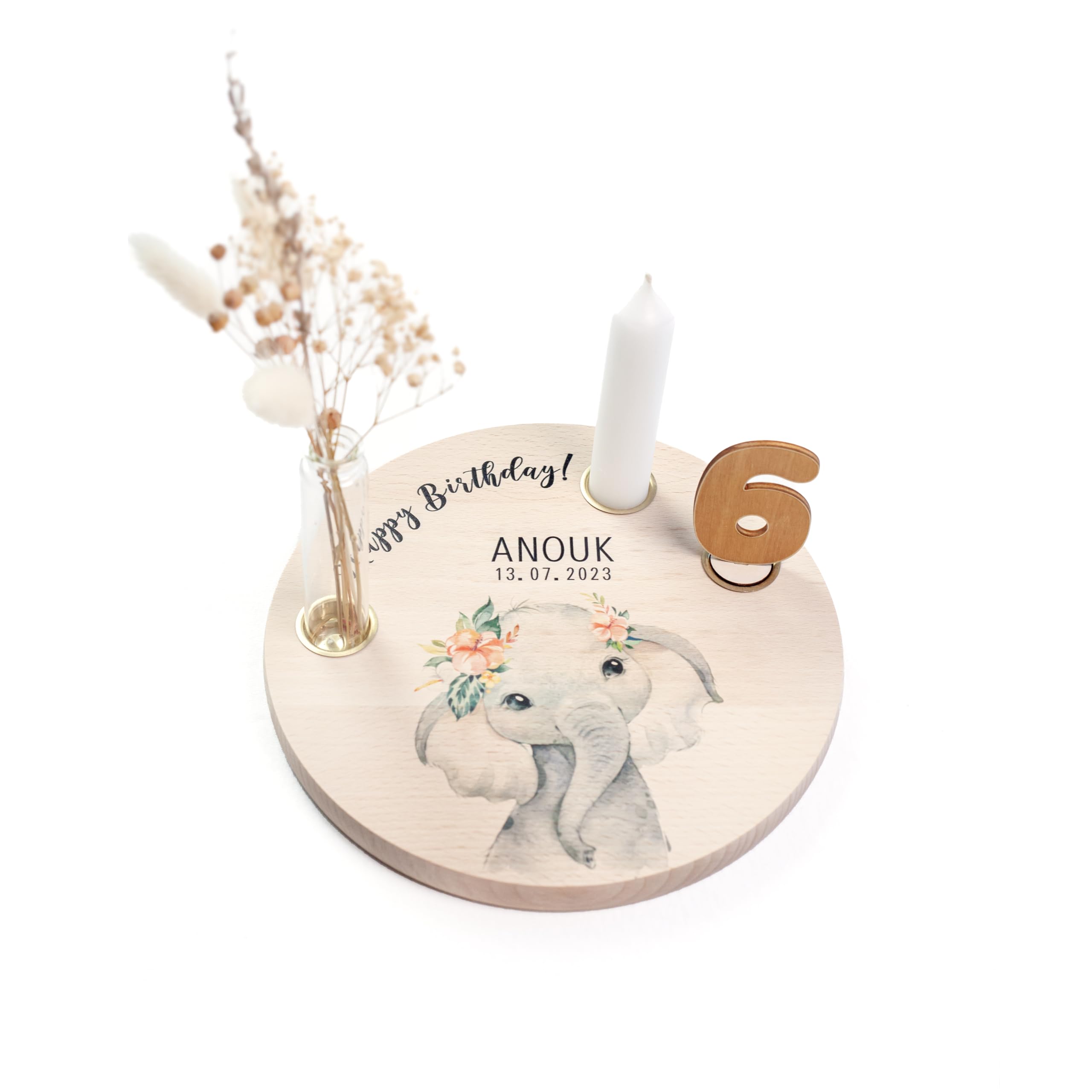 Nord-Kind® Personalisierter Geburtstagsteller Elefant 1– Safari Dschungel Kerzenteller Holz mit Namen & Datum – Komplett-Set mit Zahlen, Kerze & Vase – Geschenk 1. Geburtstag Junge & Mädchen 20cm