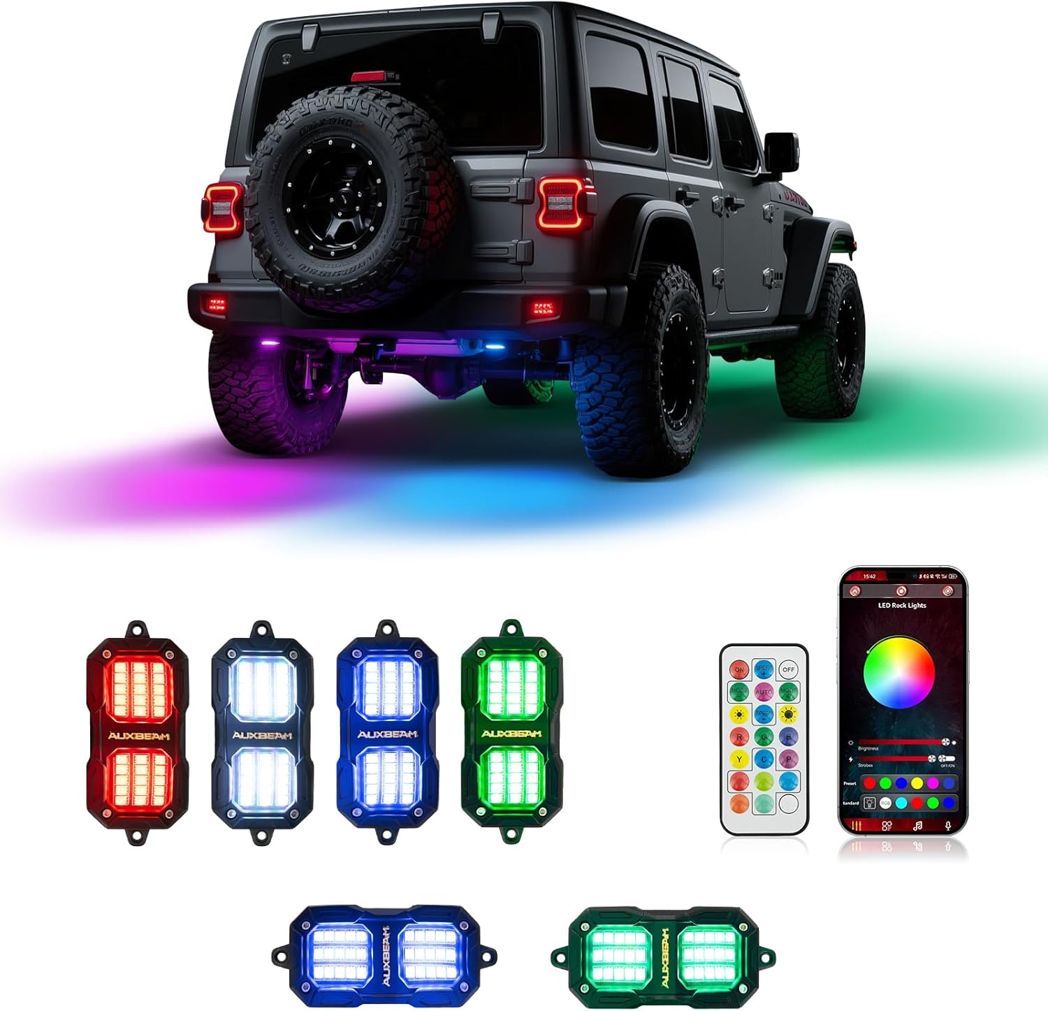 Auxbeam 4 Pods Dynamic RGB LED Rock Lights w/Bluetooth APP Remote Control + 2-Pod Rock Lights Extension Kit