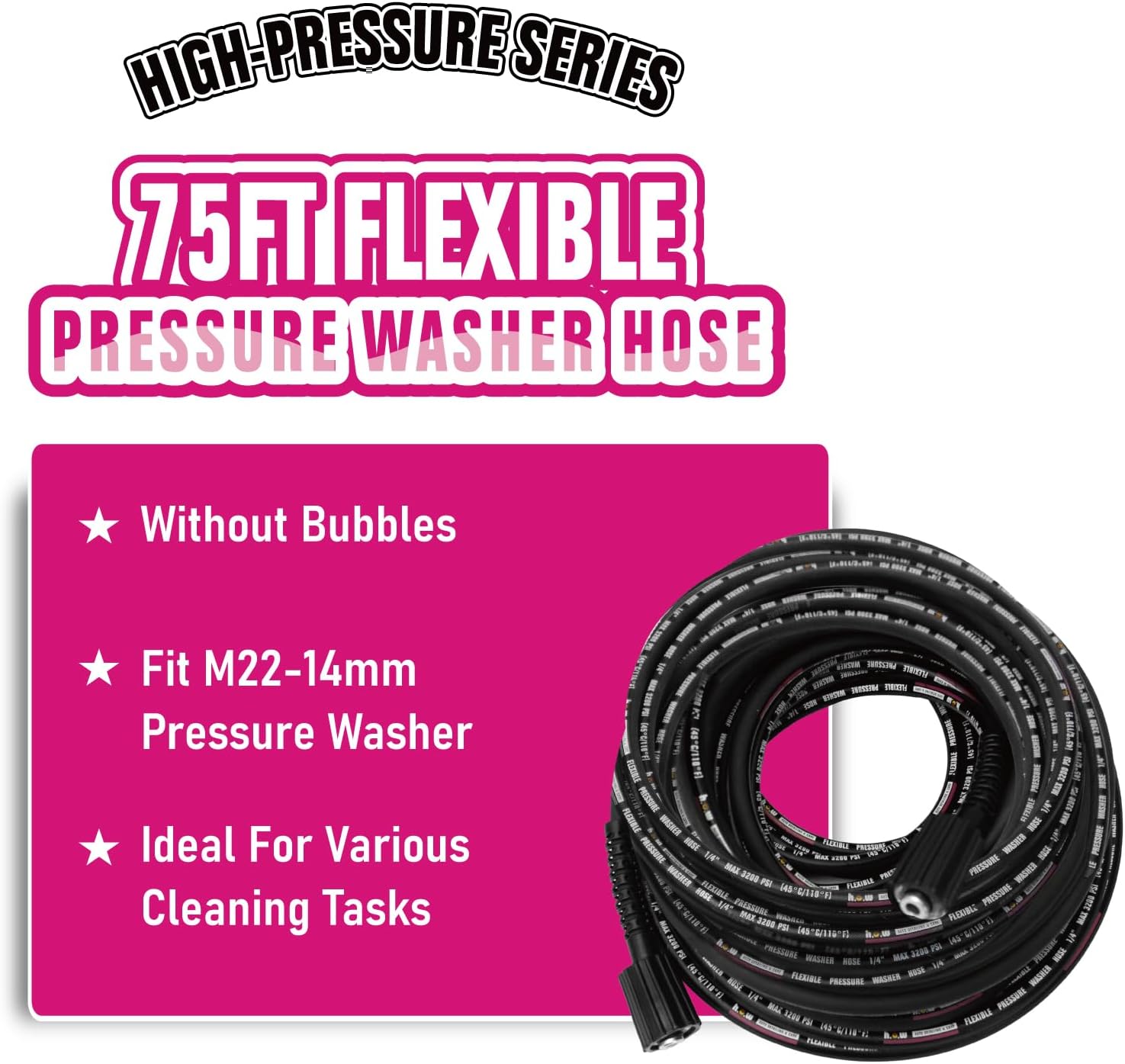 H.O.W DETAILING 1/4" x 75 ft Pressure Washer Hose, M22 Fittings Kink-Free Power Washer Replacement Hose, 3200 PSI