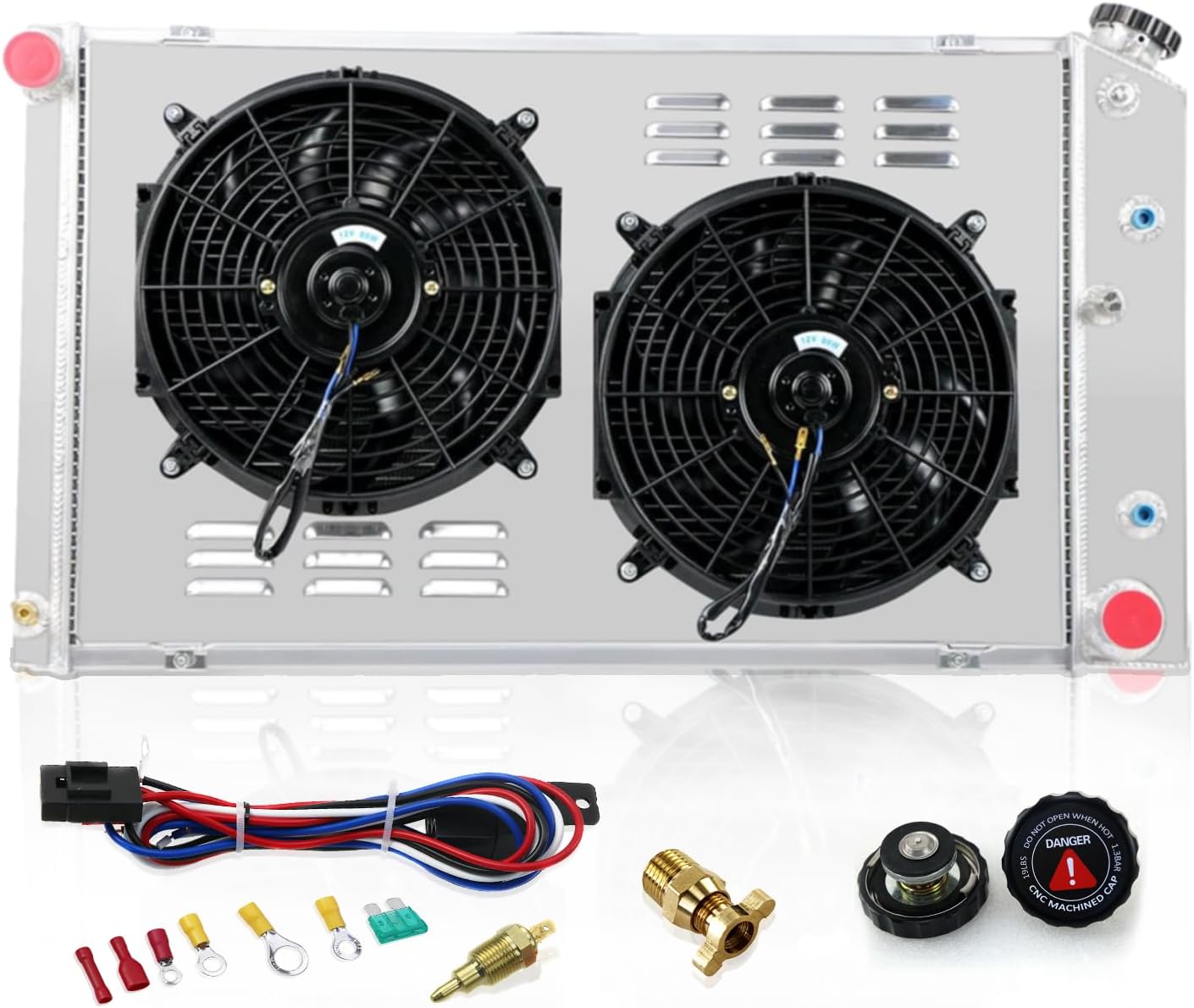 Primecooling 3 Row Aluminum Radiator +Fan (12 Inches Dia.) w/Shroud for Many GM Cars/Chevrolet GMC C/K Series Models 1966-80