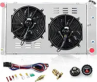 Primecooling Radiador de alumínio de 3 fileiras + ventilador (30,5 cm de diâmetro) com cobertura para muitos modelos GM Carros/Chevrolet GMC C/K Series 1966-80