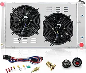 Primecooling Radiador de alumínio de 3 fileiras + ventilador (30,5 cm de diâmetro) com cobertura para muitos modelos GM Carros/Chevrolet GMC C/K Series 1966-80