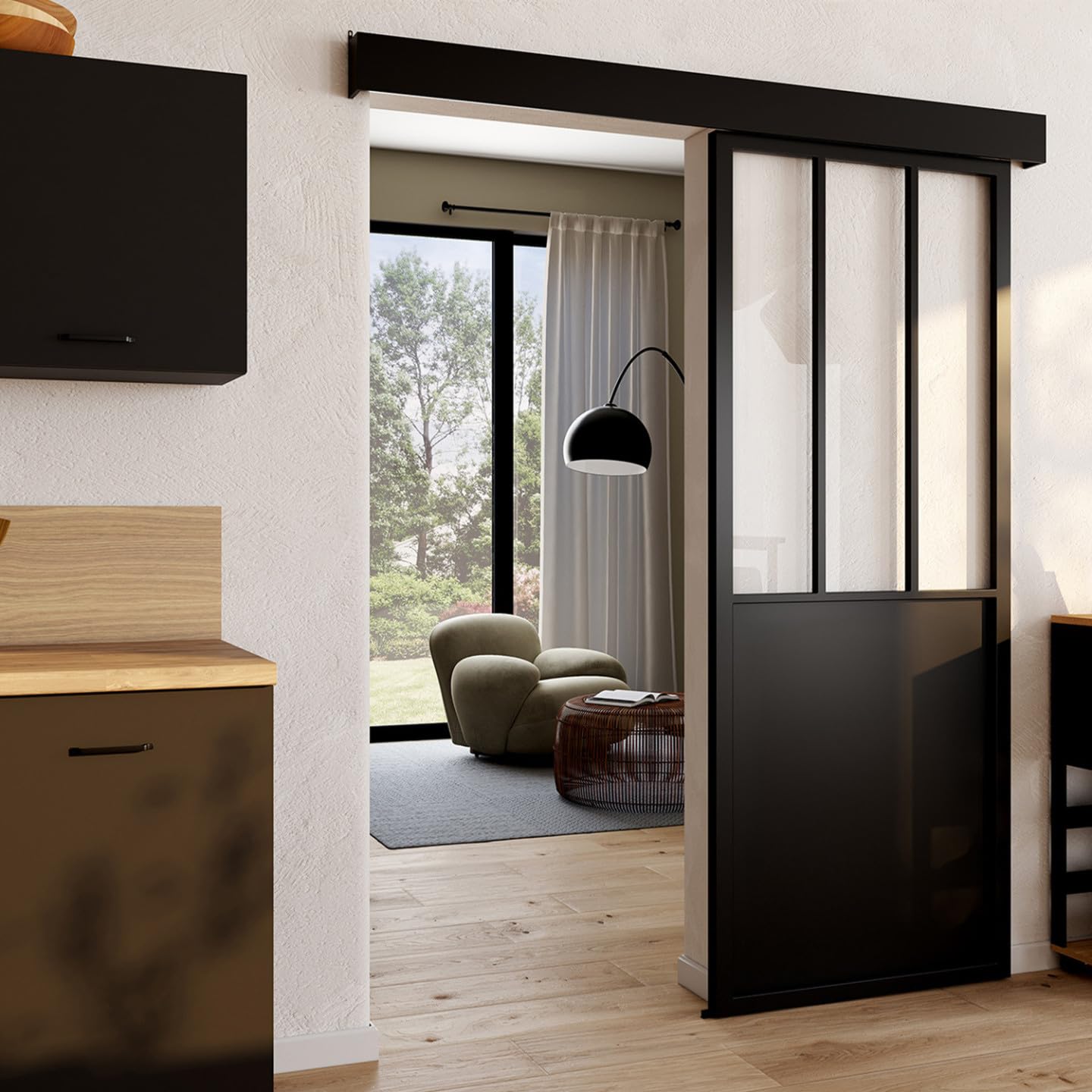 IDMarket - Kit porte coulissante verrière verre trempé 93 cm en métal + MDF avec rail et fixations