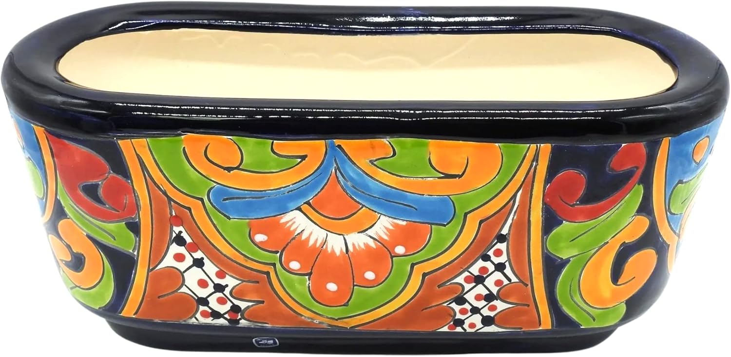 Oval Window Box Planter Small Hand Painted Indoor Outdoor Pot Multi Colored Figure Glazed