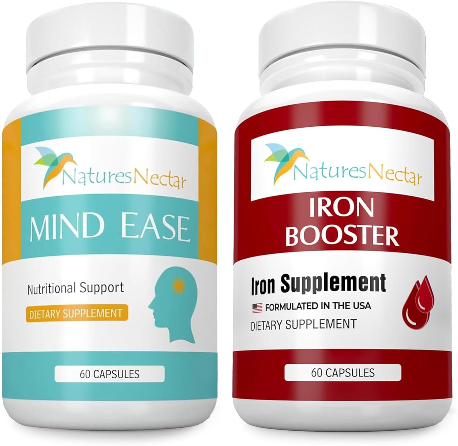 Nature's Nectar Migraine & Iron Support Bundle – Feverfew for Migraine Relief + Blood Builder Iron Supplement for Men & Women (60 Capsules Each)
