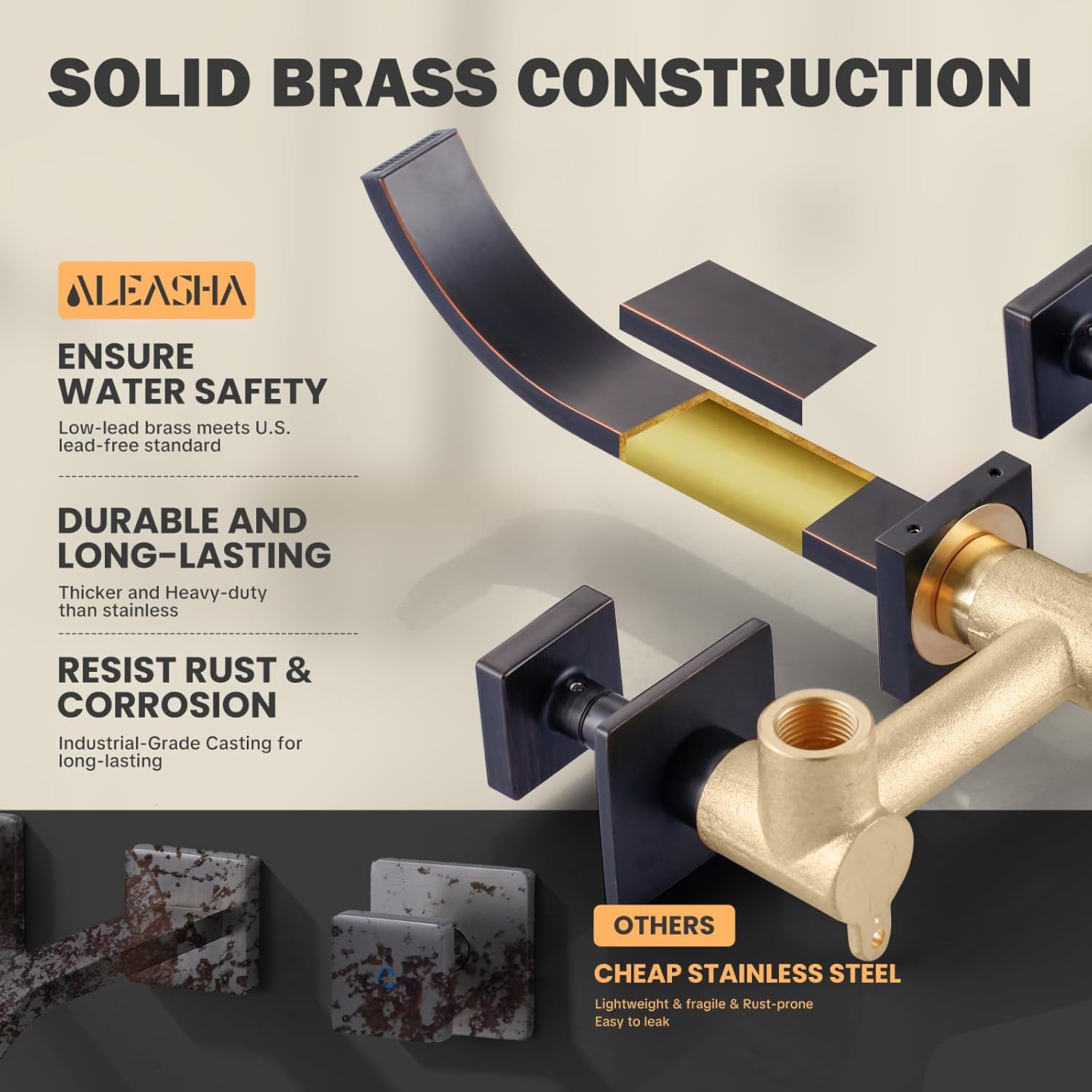 Wall Mount Bathroom Faucet 3 Hole, ALEASHA Waterfall Bathroom Faucet with Two Handles, Solid Brass Bathroom Sink Faucet with Rough-in Valve, Vessel Sink Faucet for Vanity, Oil Rubbed Bronze