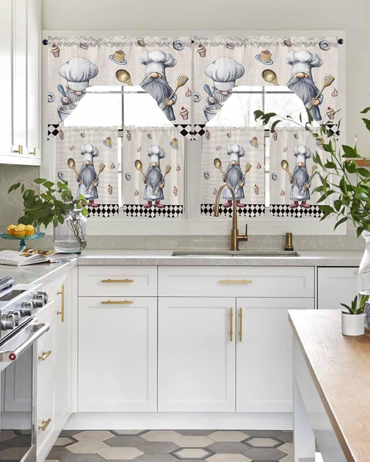 Chef Knife Cook Dessert Swag Kitchen Curtain Sets with Valance,3 Pieces Rod Pocket Curtain Drapes for Bedroom Bathroom Cafe Windows,Rustic Black and White Checkered Plaid 56''x36''&36''x27.5''x2Panels