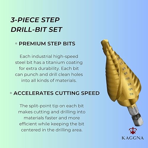 Miniatura 6 de Juego de brocas escalonadas, brocas con revestimiento de titanio, 3 piezas, ranuradas en espiral para una perforación más rápida, brocas para acero
