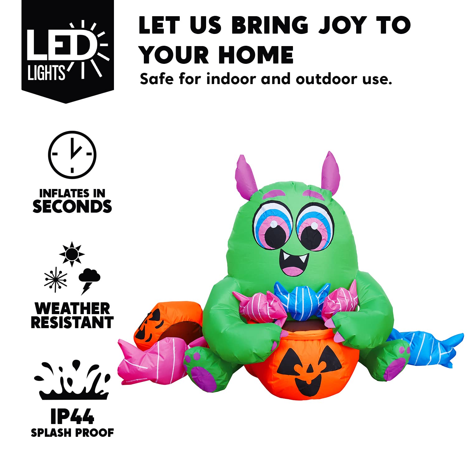 Joiedomi 5 FT Long Halloween Inflatable Monster Candy with Pumpkin Inflatable Yard Decoration with Build-in LEDs Blow Up Inflatables for Halloween Party Indoor, Outdoor, Yard, Garden, Lawn Decorations