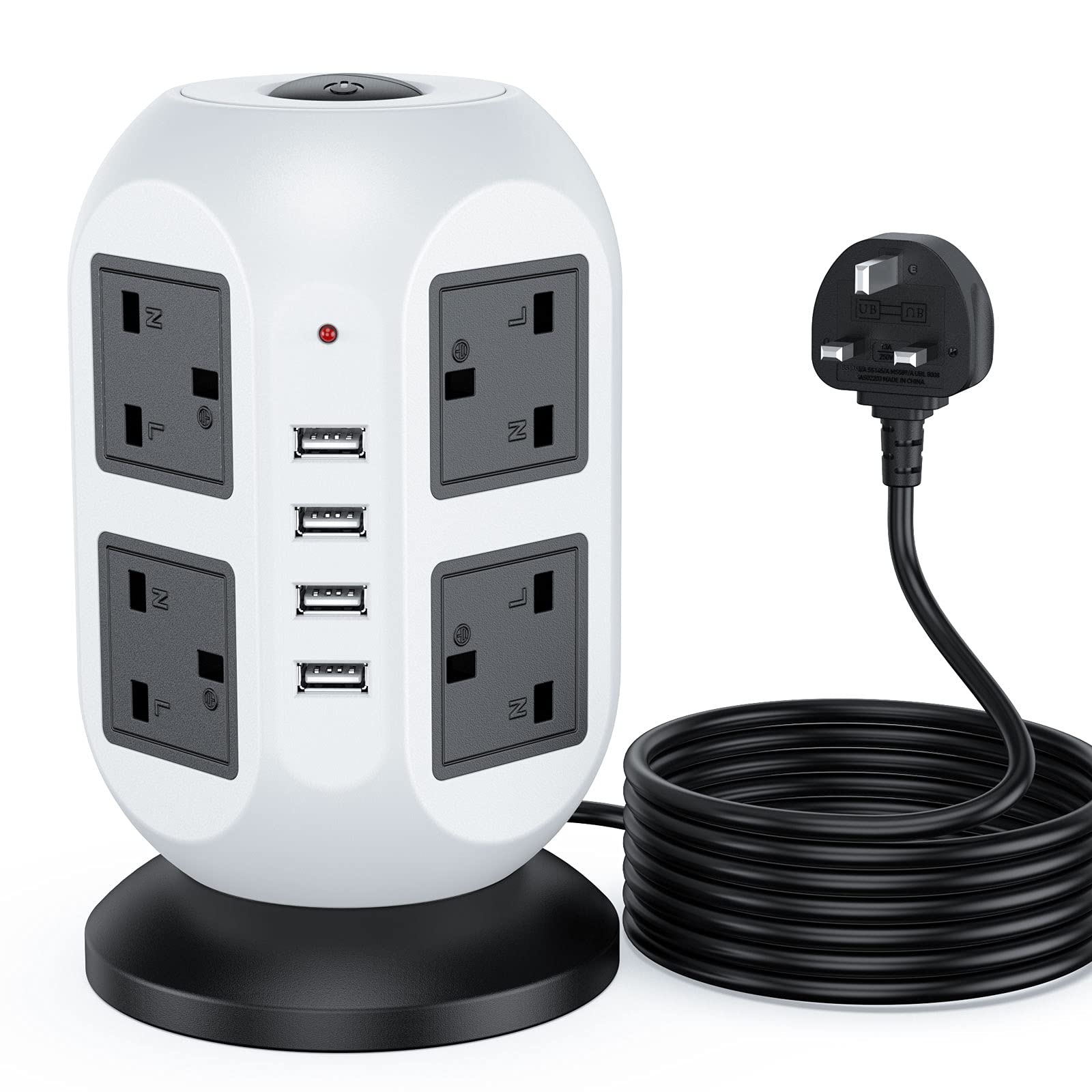 Buy Tower Extension Lead 5M with 4 USB Ports 8 Way Outlets Charging