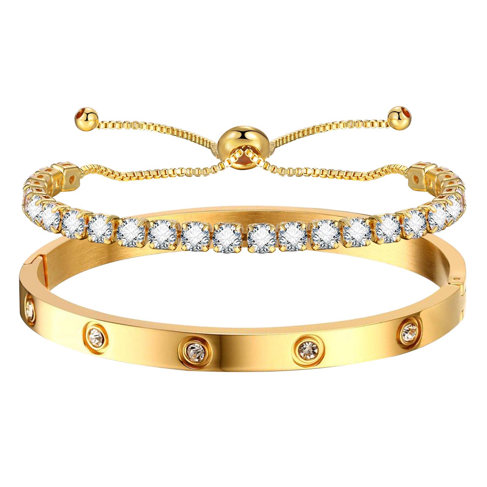 MPRAINBOW2pcs Gold Chain Link Bracelet, Stainless Steel Crystal Friendship Bracelets Bangle,Watch Band Chains Wristband Jewelry with Adjust Tool