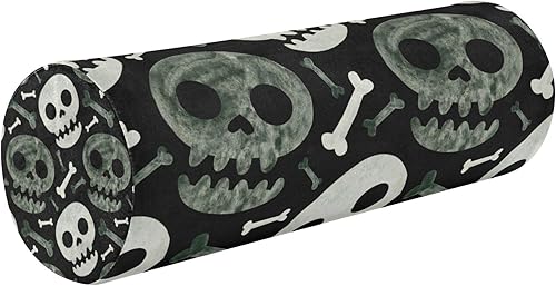 Halloween Skulls and Bones Spooky Green Bolster Pillow for Couch Neck Roll Pillow Form Long Round Pillow for Neck Support Pillow Cylinder Pillows