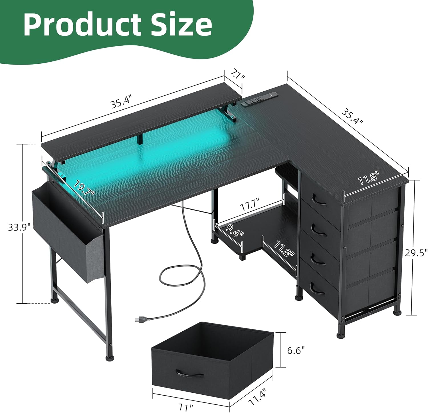 Diagram showing the dimensions of the VERMESS L-shaped desk