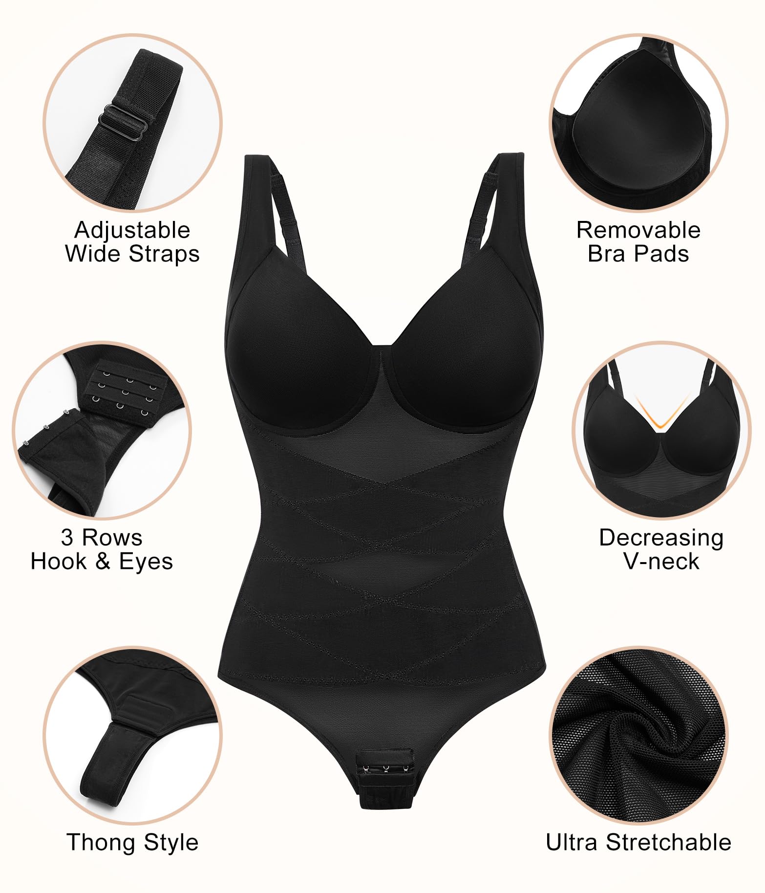 Niwicee Shapewear Damen Body Shaper Bauchweg Bodysuit Tanga Mesh Atmungsaktiv Shapewear V-Ausschnitt Formende Miederbody Figurformende Tank Top Jumpsuit Shaping mit BH