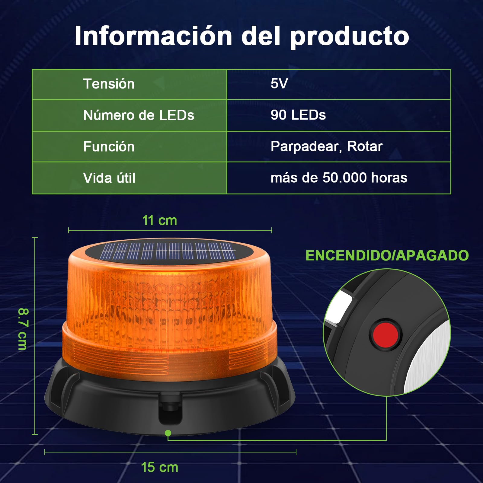 Energía Solar Rotativo Luz LED Estroboscópica Batería con Cable USB de 1,4 metros, Recargable Amarillo Luz de Emergencia para Carretilla Elevadora Tractor Remolque Quitanieves