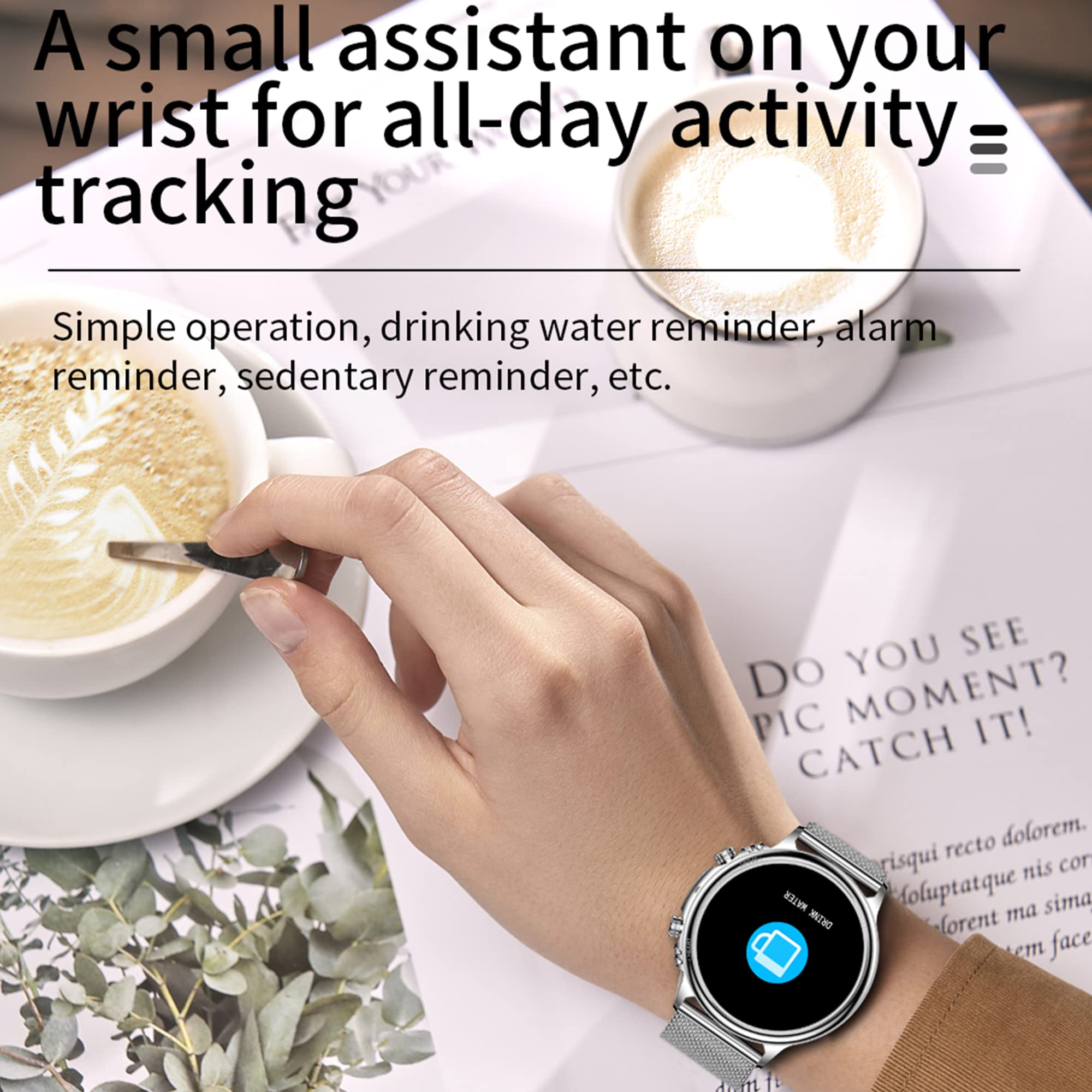 Smartwatche, Inteligentny zegarek damski z połączeniem i Whatsapp, 5ATM Wodoodporny Smartwatch, 1.32" AMOLED Damski zegarek sportowy z monitorem snu, krokomierz, Pulsometr Android iOS (srebrny)