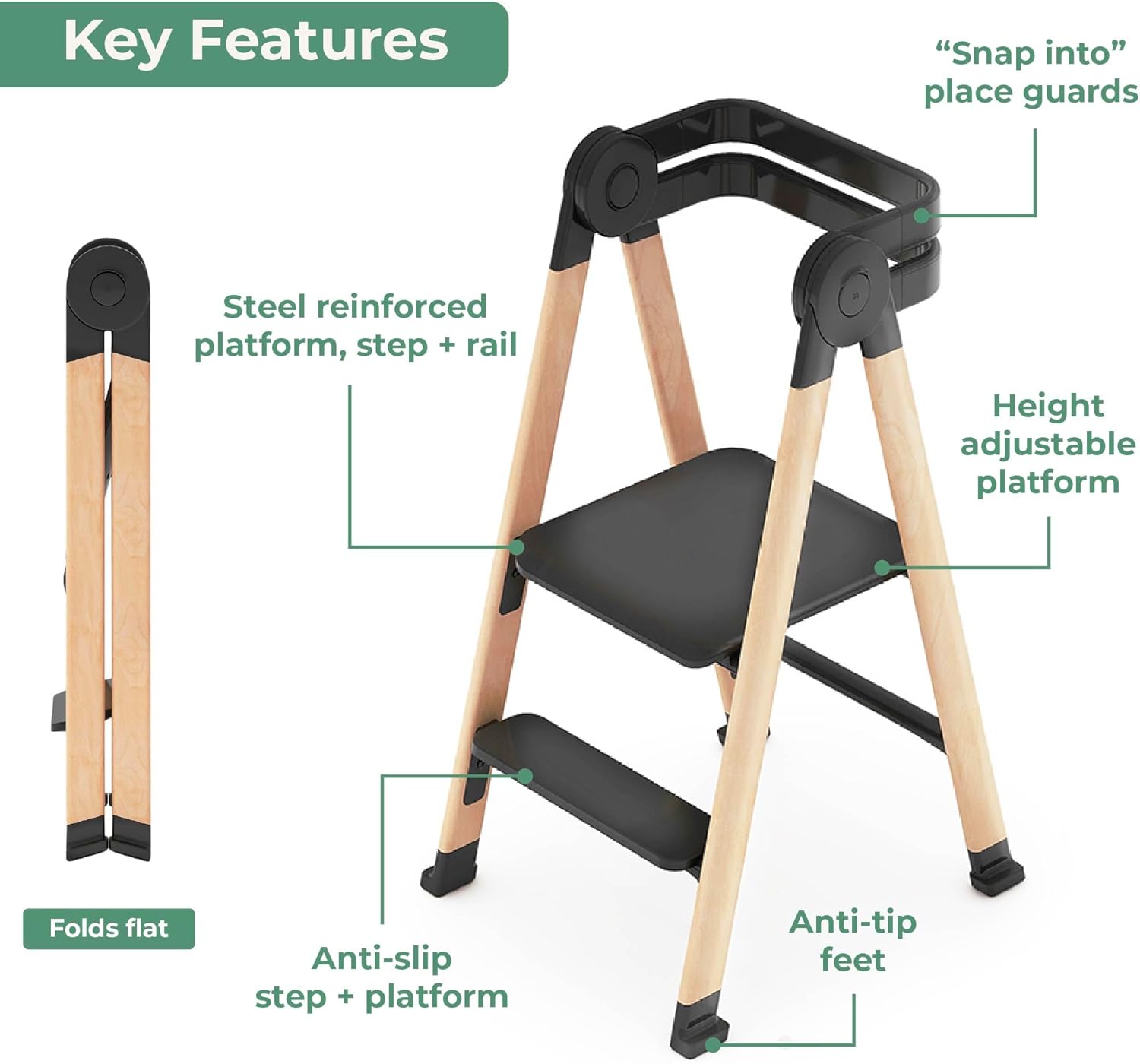 Guidecraft Kitchen Helper Flex Step Stool for Toddlers and Adults - Black: Folding Adjustable Height Step Stool for Bathroom or Kitchen