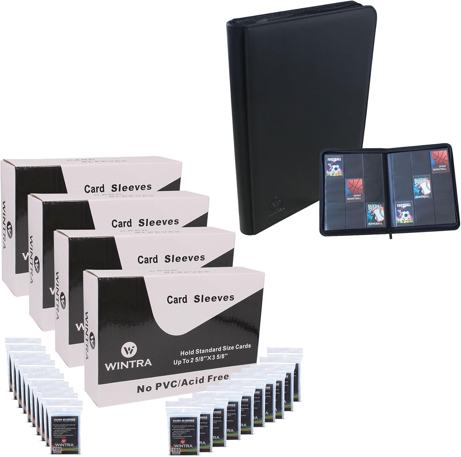 2000pcs Thin Soft Protective Card Sleeves Bundle with 9-Pocket Zippered Black Card Display Album for 360 Cards