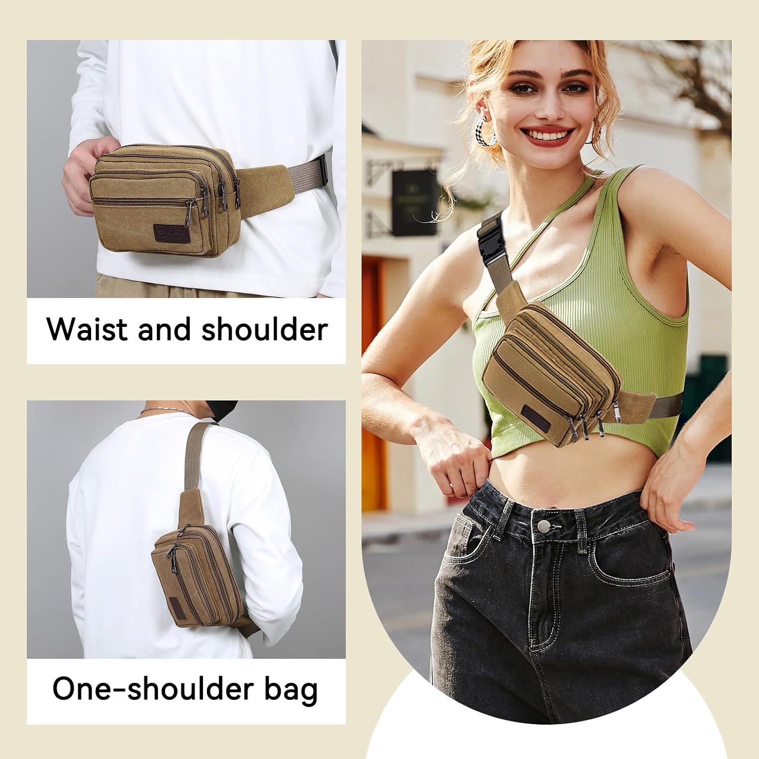 Canvas Fanny Pack, Large Capacity Crossbody Belt Bag Multifunction Unisex Waist Purses with Adjustable Strap for Running Hiking Travel Workout (Khaki)