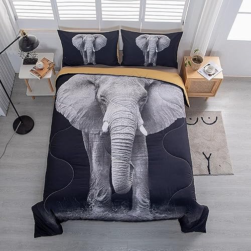 Miniatura 8 de MUSOLEI Juego de edredón de elefante 3D, juego de ropa de cama de elefante negro, tamaño Queen, juego de edredón de diseño personalizado para niños