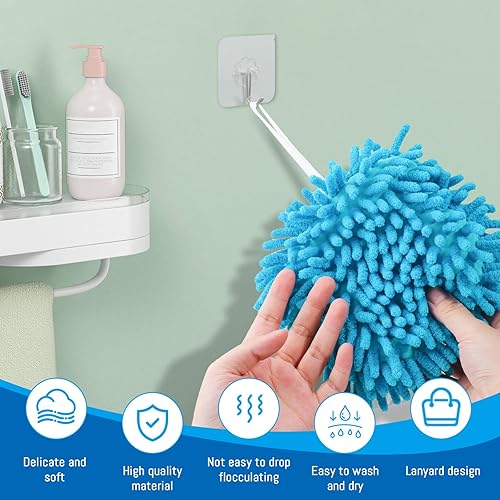 Miniatura 4 de 3 toallas de mano con 3 ganchos, toalla de mano de secado rápido con lazo para colgar, toallas decorativas para baño y cocina (azul)