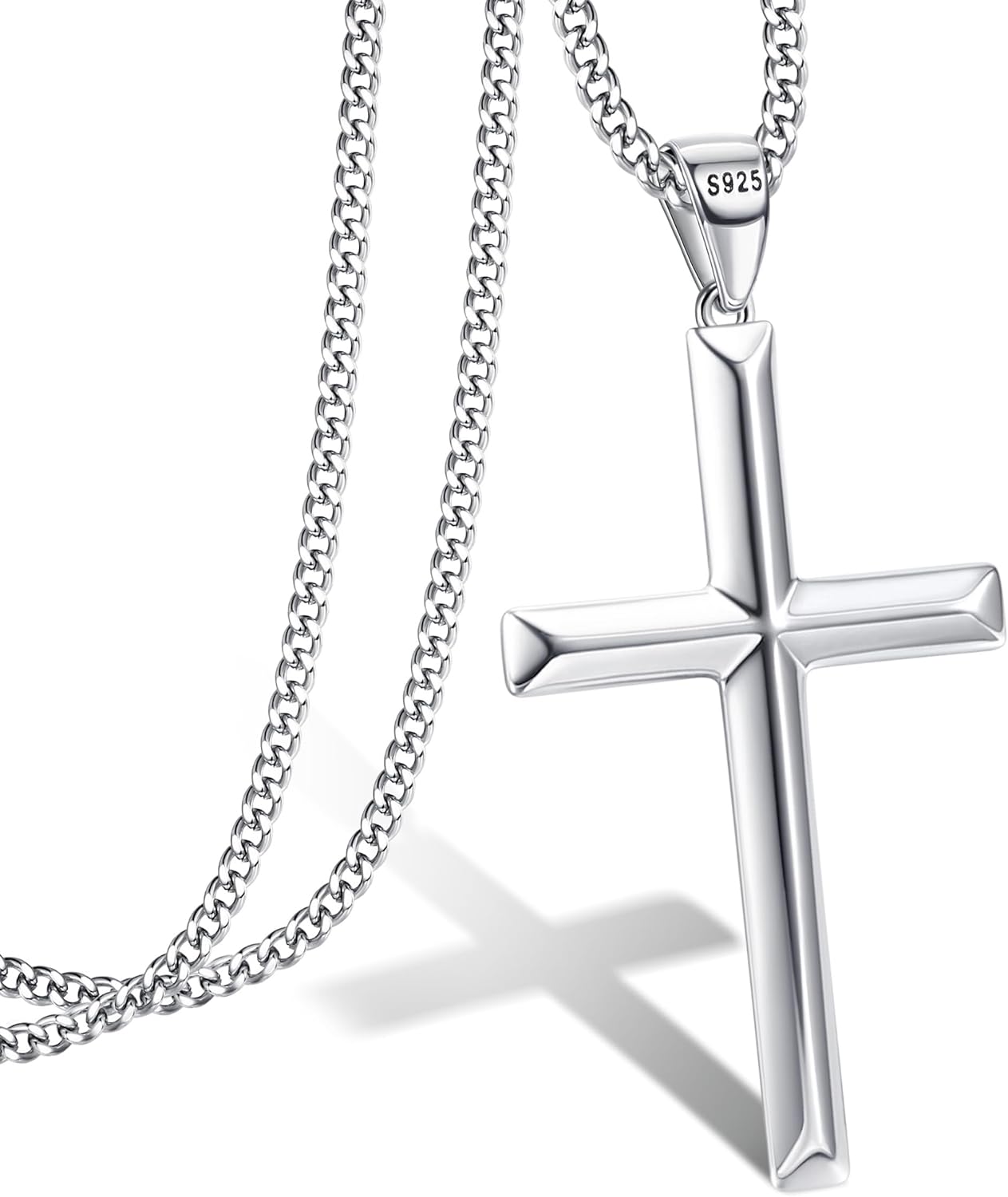 MILACOLATO Solid S925 Sterling Silver Cross Necklace for Men Women | 2mm Durable Sterling Silver Cuban Link Curb Chain Cross Pendant Necklace | Crucifix Cross Pendant Necklace Jewelry 16-24 Inches