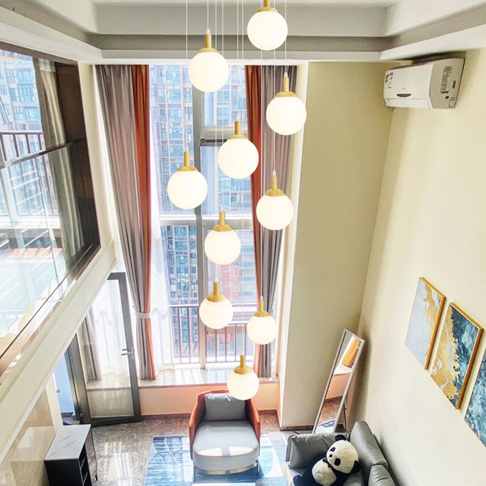 KXEcoLife 7-12 Glass Ball LED Chandelier, Staircase Pendant Light,Creative Gypsophila Long Hanging Lights, Adjustable Length Chandeliers, Modern Ceiling Lights in The Villa, Stairwells and L