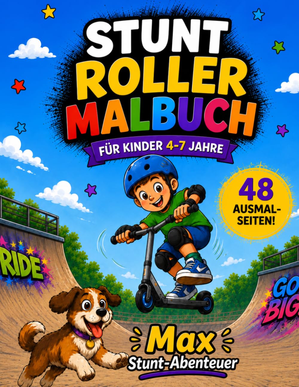 Stunt Roller Malbuch für Kinder 4–7 Jahre: Coole Scooter-Abenteuer, Ausmalbilder, Rätsel, Labyrinthe & Suchspiele mit Max & Wuff: 48 kreative ... Rätseln und niedlichen Tierfreunden