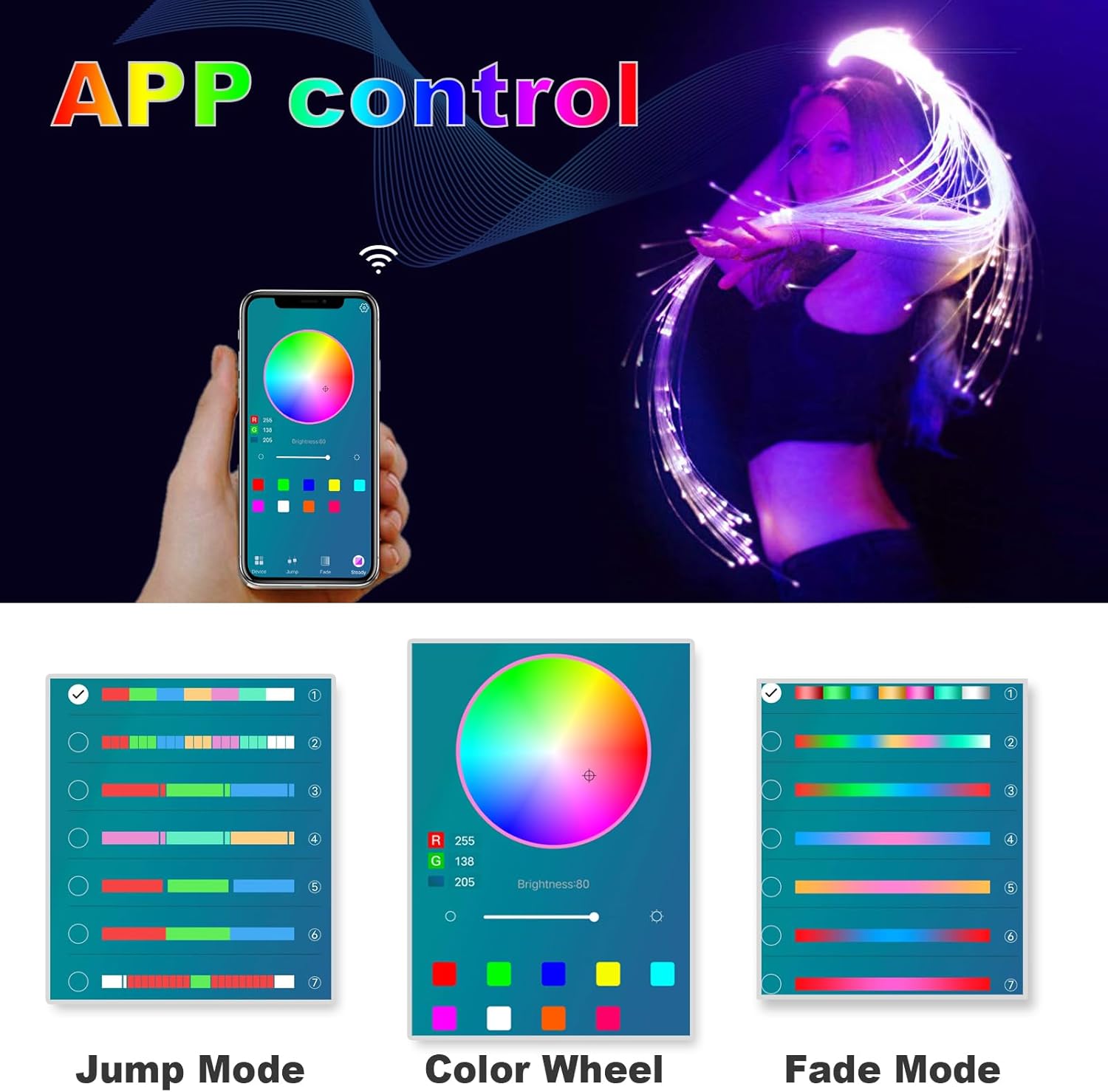 CHINLY LED Whip Lights, Fiber Optic Whip for Dancing, with 40 Color Effect Mode, APP Control and 360°Swivel, Rechargeable Rave Light for Parties, Light Shows, Unique Gifts for Girlfriend,Girl,Wife