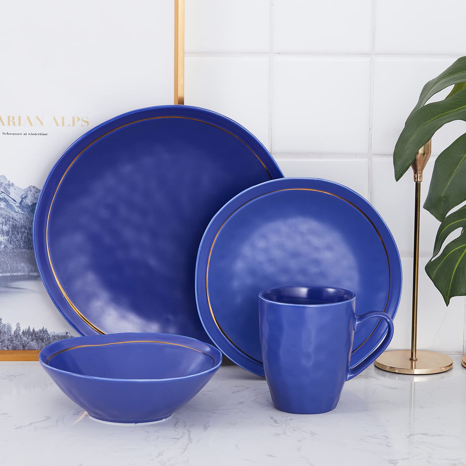 Stone Lain Clara Porcelain 16-Piece Round Dinnerware Set, Blue, Service for 4
